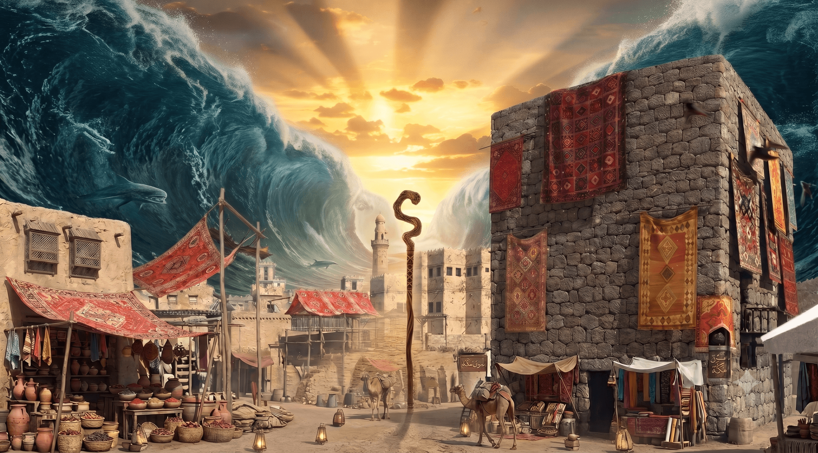 Immersive VR scene of an ancient market with the sea parting