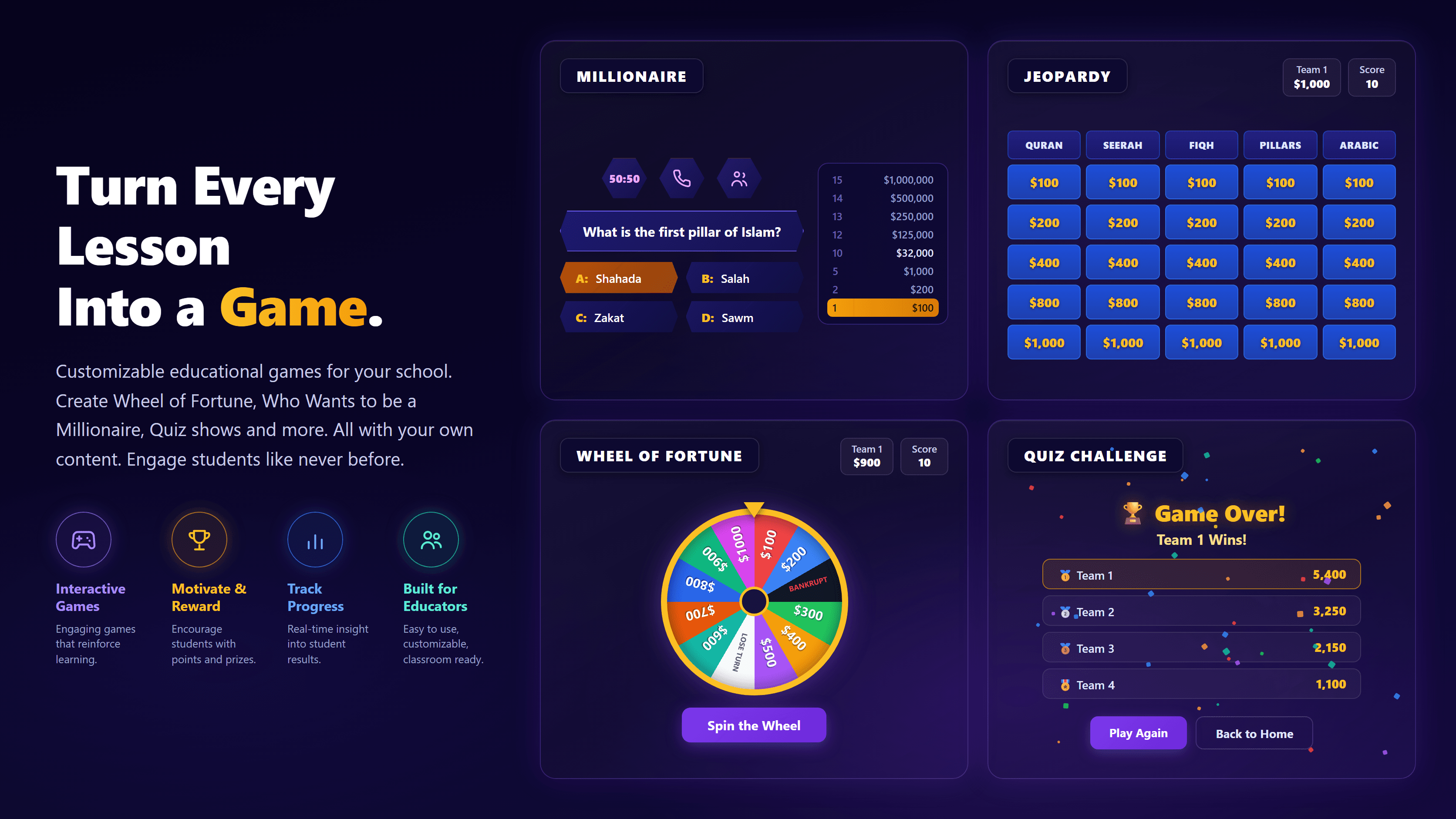 LearnPlay App โ everything your school needs: Millionaire, Jeopardy, Wheel of Fortune, and Quiz Challenge games for interactive learning