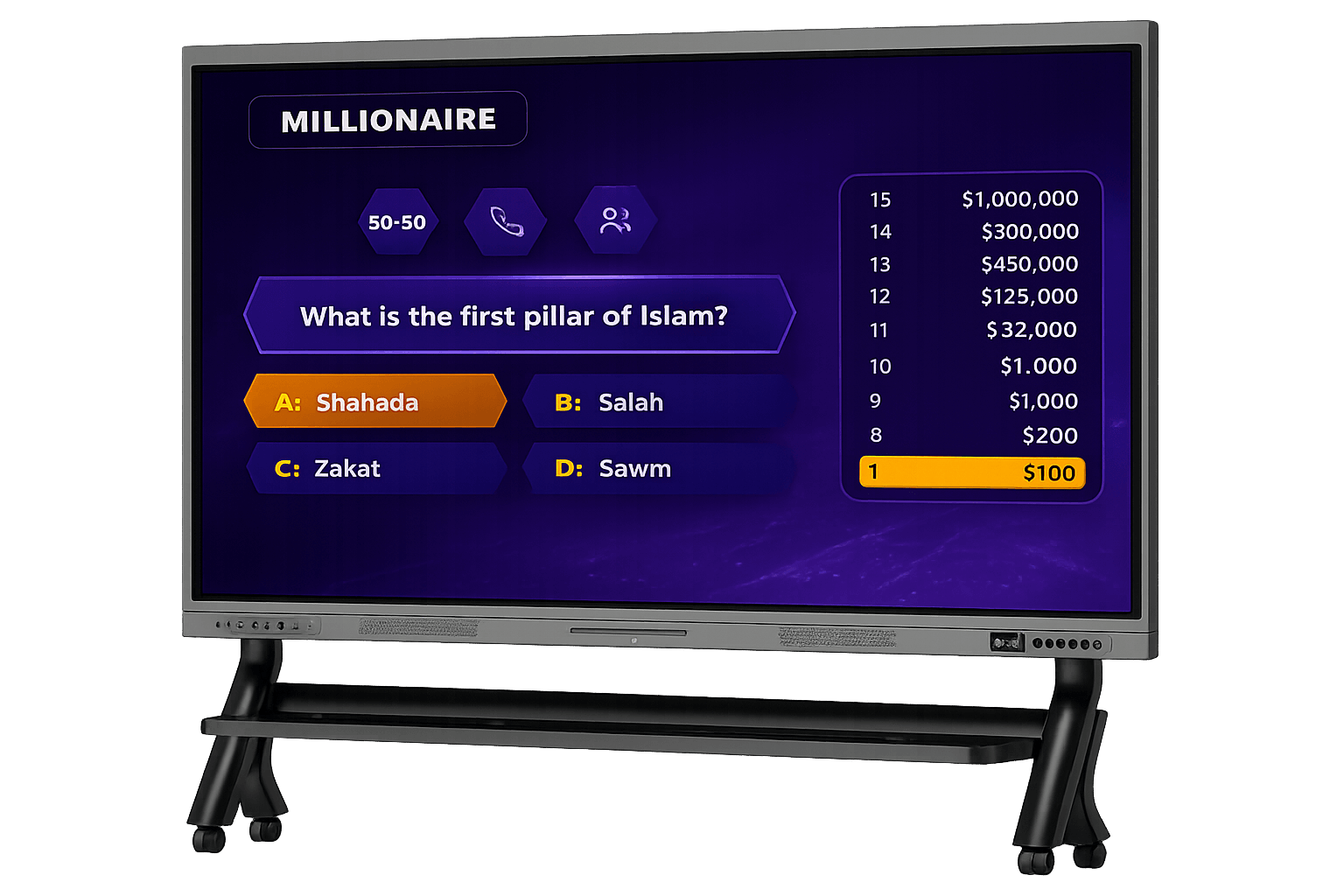 Large rolling big-screen display running a LearnPlay game